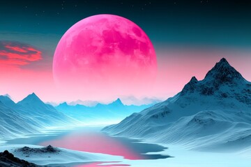 Stunning surreal landscape with pink moon over snow-capped mountains and tranquil water reflection