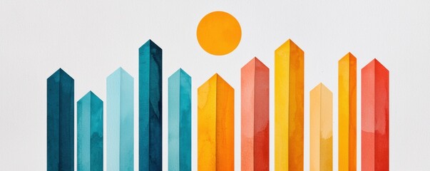 Obraz premium A vibrant abstract design featuring colorful vertical bars and a bright yellow sun against a white background.