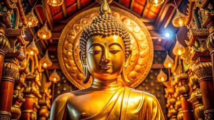 Obraz premium Serene Golden Buddha Statue in Ancient Temple - Peaceful Asian Spirituality