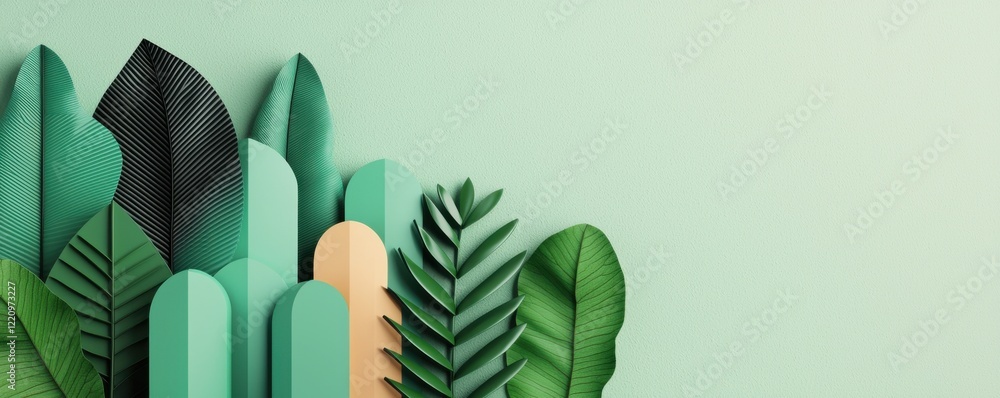 Poster a vibrant array of layered paper leaves in various shades of green, creating a modern and artistic b