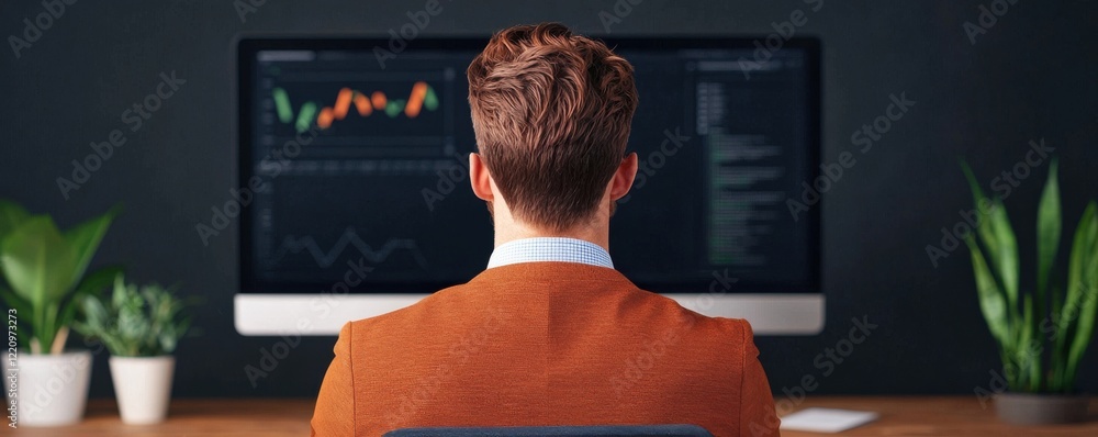 Aufkleber a person in an orange sweater sits at a desk, focused on a computer monitor displaying graphs and da