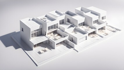 Fototapeta premium Architectural model of a modern, minimalist white multi-unit residential complex with outdoor patios and garages.