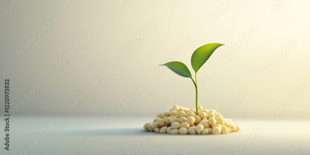 Poster tiny seedling growing from smooth white seeds in 3d rendering