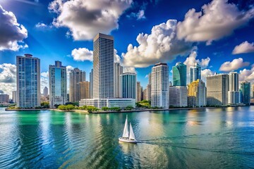 Fototapeta premium Miami Skyline Aerial View: Minimalist Skyscrapers, Blue Sky, Sailing Boat