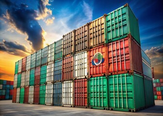 Fototapeta premium Mexican Flag on Stacked Shipping Containers - Patriotic Industrial Landscape