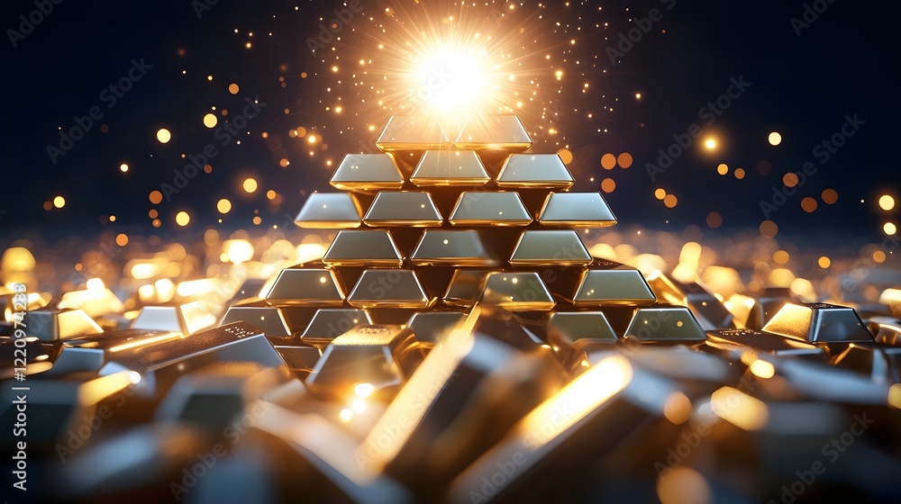 Aufkleber high detailed 3d of a pyramid formation made of stacked gold bars with a brilliant light source shin