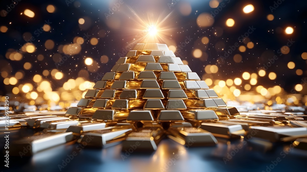 Aufkleber Stunning 3D of a pyramid structure formed by stacked golden bars with a brilliant light source emanating from the top symbolizing success affluence and achievement