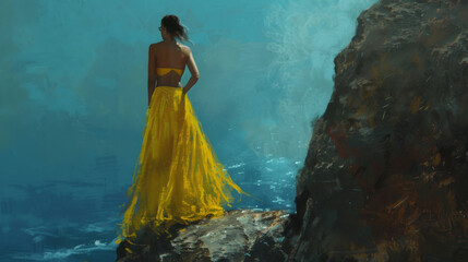 Solitary Figure in Golden Gown by the Ocean's Edge