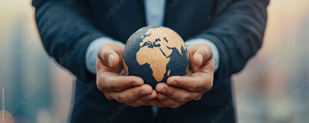 Poster a person in a suit holds a globe, symbolizing global connection and responsibility in a professional
