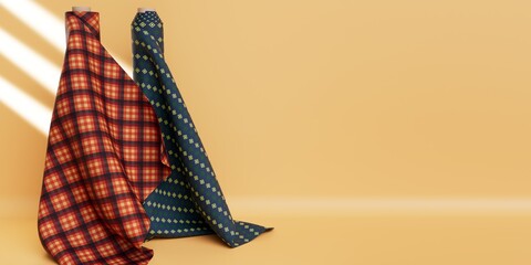 Plaid and Diamond Patterned Fabric Rolls in front of empty background with copy space