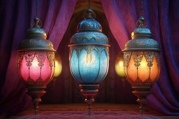 Obraz premium Intricate Moroccan Lanterns Illuminate a Mystical Setting