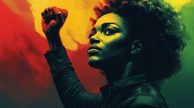 African American woman with raised fist, strength and empowerment. Black History Month illustration