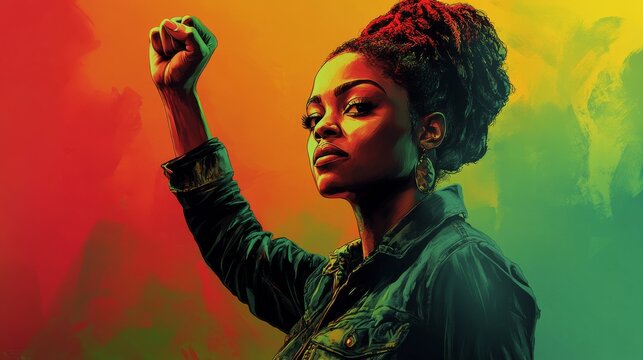 Confident Black woman with a raised fist, bold red, yellow, and green hues. Black History Month