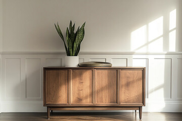 Minimalist Interior with Wooden Cabinet, Snake Plant, and Window Light