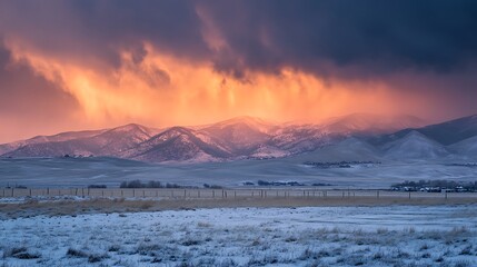 Fiery Sunset Over Snow Covered Mountain Range
