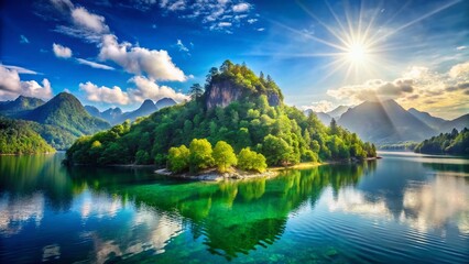 Serene Mountain Lake Island Panoramic - Tranquil Nature Escape