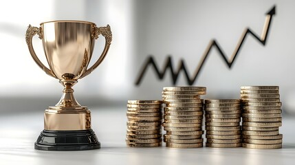 Modern 3D digital showcasing the concept of financial success wealth accumulation and business growth progression  The image features a trophy stacks of gold coins