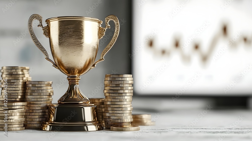 Poster elegant 3d rendered trophy on a minimalist white background surrounded by stacks of gold coins and a