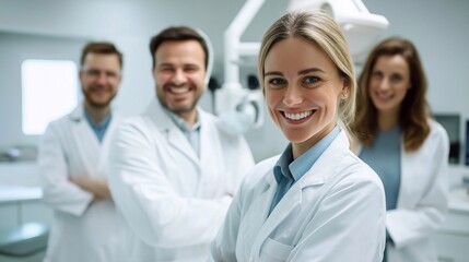 A team of doctors in a clinic with a smiling female professional in the foreground, teamwork, expertise, dedication. Celebrating Doctor's Day and the contributions of healthcare professionals