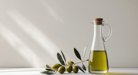 A bottle of olive oil next to a bunch of olives.