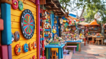 Cheerful Market Scene with Dartboard Game Display