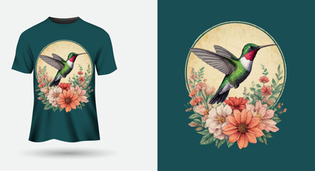 T-shirt design hummingbird with flowers back round.