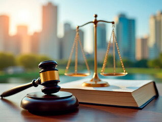 Concept of justice, court gavel, book and scales on the background of window with cityscape