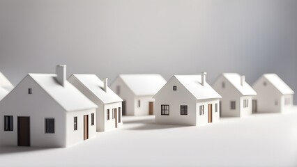 Row of minimalist white model houses on a light gray background.