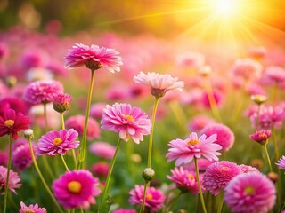 Fototapeta premium Miniature Pink Flower Field, Tilt-Shift Photography, Blooming Meadow, Spring Landscape