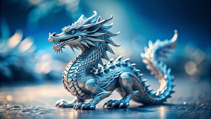 Fototapeta premium Miniature Silver Dragon Statue on White Surface, Blue & White Background - Tilt-Shift Photography