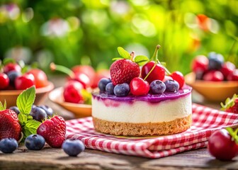 Miniature Summer Berry No-Bake Cheesecake Dessert, Tilt-Shift Photography