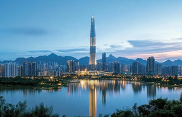 Obraz premium The calm river reflects the city’s glowing lights, set against a backdrop of mountains and cool evening hues.