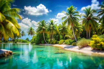 Obraz premium Miniature Tropical Island Lake Shore: Idyllic Paradise Scene