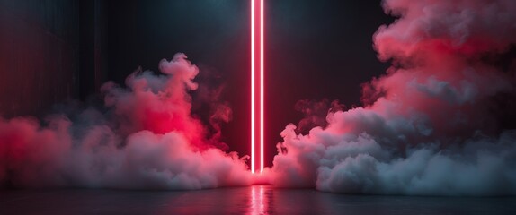 A vertical red neon light illuminates a dark room filled with swirling smoke.
