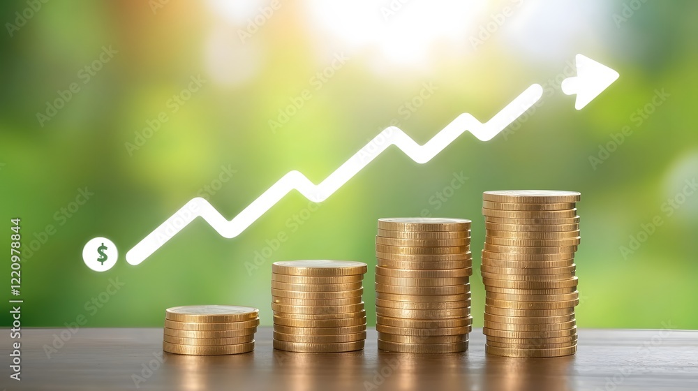Poster optimistic financial growth and investment with shiny golden coins stacking and an upward trending f