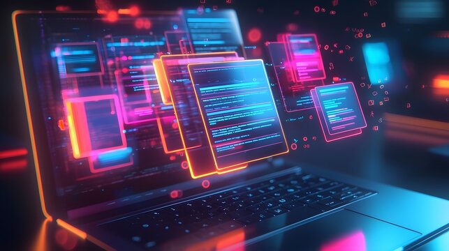 Digital Productivity Concept with Holographic Task Lists and Folders Floating Over Laptop Screen