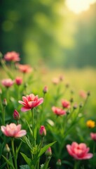 Fototapeta premium Gentle breeze rustling leaves of blooming flowers in a field, foliage, flora
