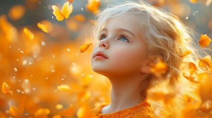 Fototapeta premium Child gazing at autumn leaves in golden light