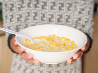 Lifestyle Health care Concept. Cereal breakfast menu with milk as an ingredient, providing energy to the body. Brain-nourishing breakfast for people of all ages. Cereal with a mixture of nutrients