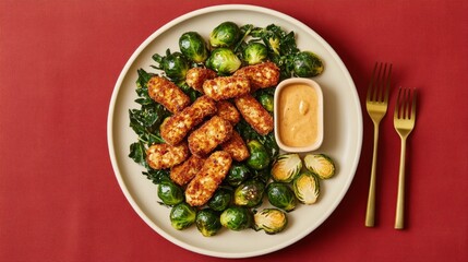 Crispy tofu sticks and roasted brussels sprouts with dipping sauce on elegant red background