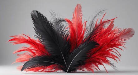 Abstract Red and Black Composition with Feathers.