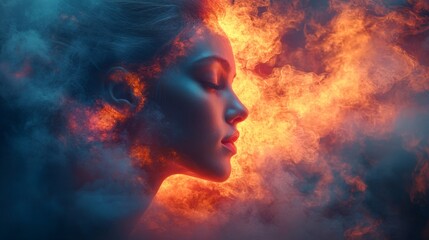 Profile of a woman in fiery smoke