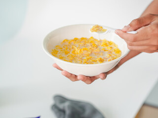 Lifestyle Health care Concept. Cereal breakfast menu with milk as an ingredient, providing energy to the body. Brain-nourishing breakfast for people of all ages. Cereal with a mixture of nutrients