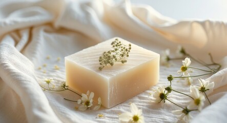 Aromatic Spa Soap Resting on Soft Cloth with Flowers