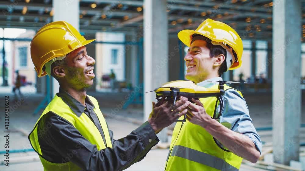 Poster two workers in hard hats closely observe a drone, engaging in a discussion about its features on-sit