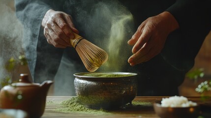 Traditional matcha preparation: close-up of hands whisking green tea powder in a rustic setting