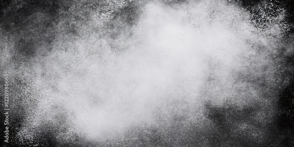 Poster white powder explodes on a black background, creating an abstract, grunge style texture with a dynam