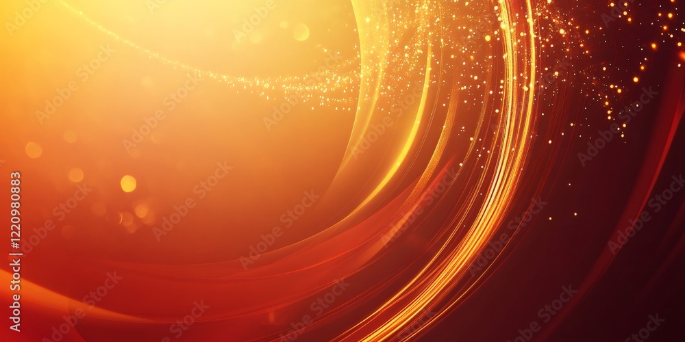 Poster abstract background with golden lines swirling on an orange background illuminated by a bright light