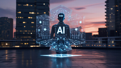 Silhouette Interaction with AI Hologram on Rooftop at Sunset