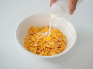 Lifestyle Health care Concept. Cereal breakfast menu with milk as an ingredient, providing energy to the body. Brain-nourishing breakfast for people of all ages. Cereal with a mixture of nutrients